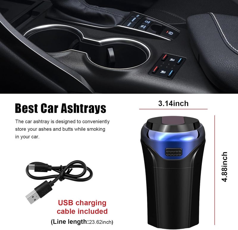 Suvnie Car Ashtray with Lid, Detachable USB Rechargeable Auto Cigarette Lighter with Blue LED Light, Portable Smell Proof Stainless Car Ash Tray, Mini Automotive Trash Can (Blue) - Image 2
